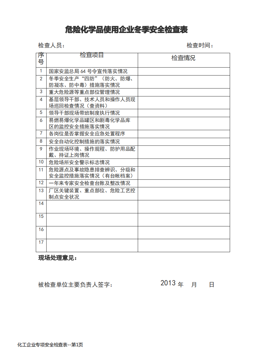 化工企业专项安全检查表