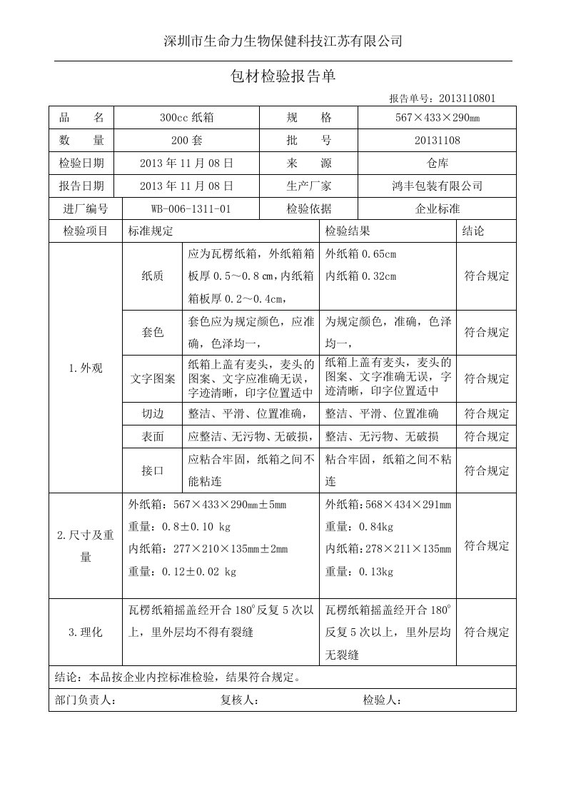 纸箱检验报告单