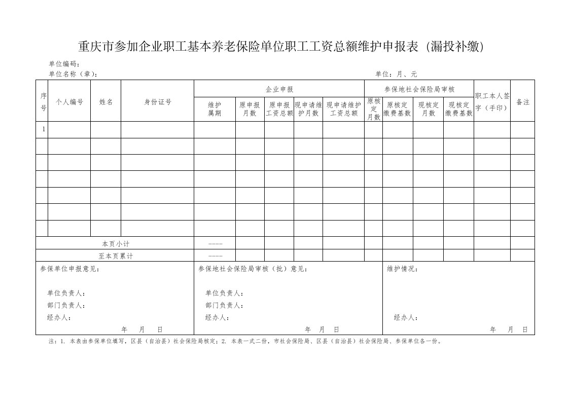 重庆市参加企业职工基本养老保险单位职工工资总额维护申报表(漏投补缴)