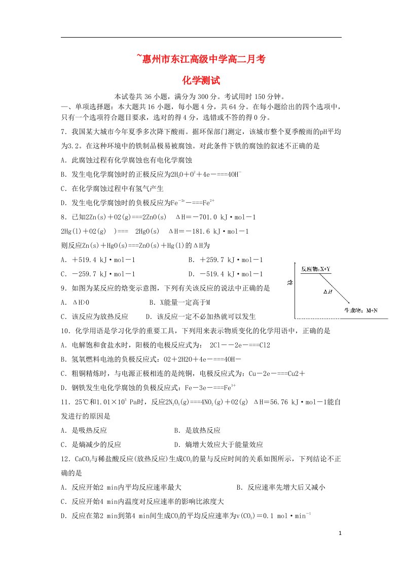 广东省惠州市东江高级中学高二化学3月月考试题新人教版