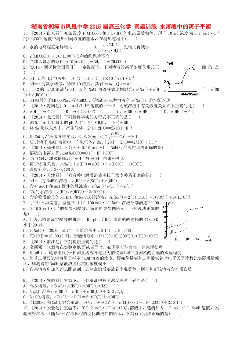 湖南省湘潭市凤凰中学2015届高三化学