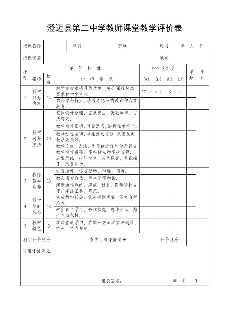 教师课堂教学评价表(听课记录表)