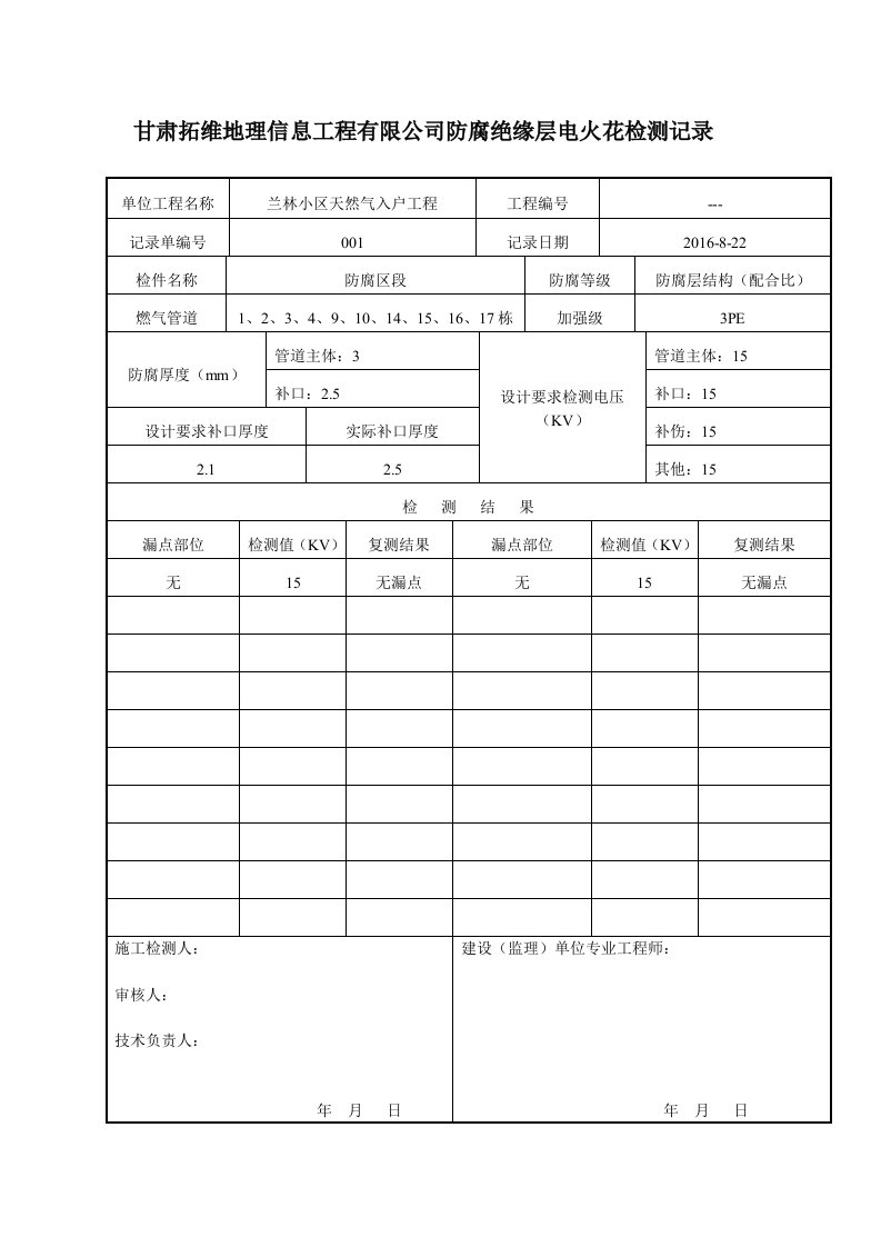 电火花检测管道防腐绝缘层记录