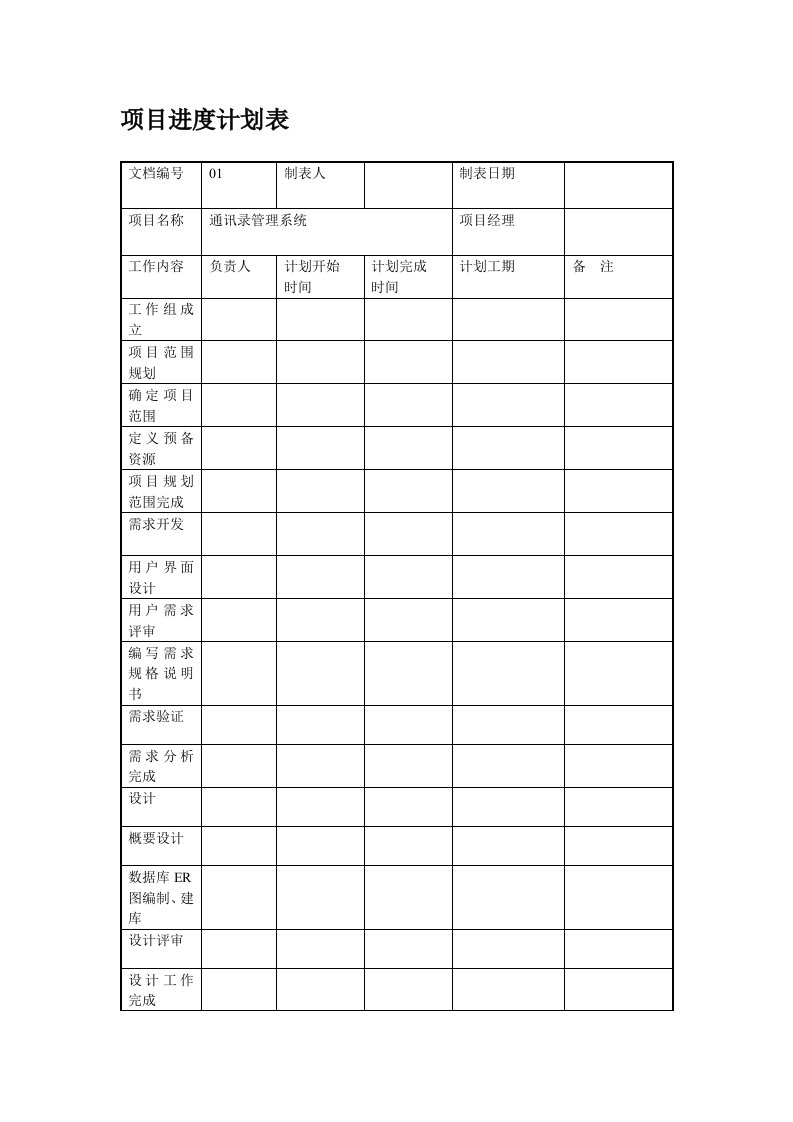 项目进度计划表