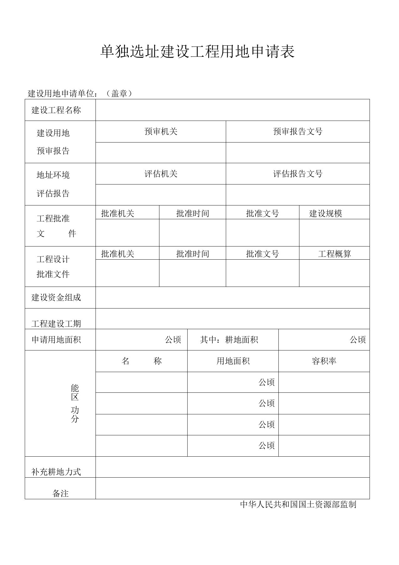 单独选址建设项目用地申请表汇总