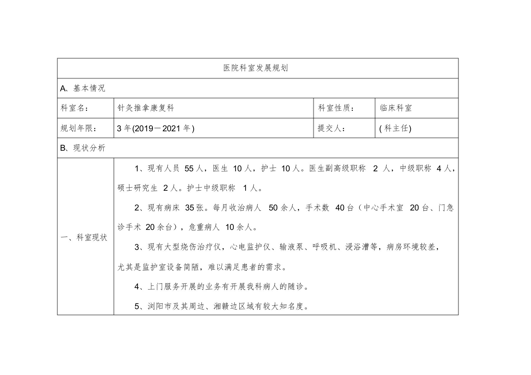 烧伤整形科发展规划2017-2020年文件