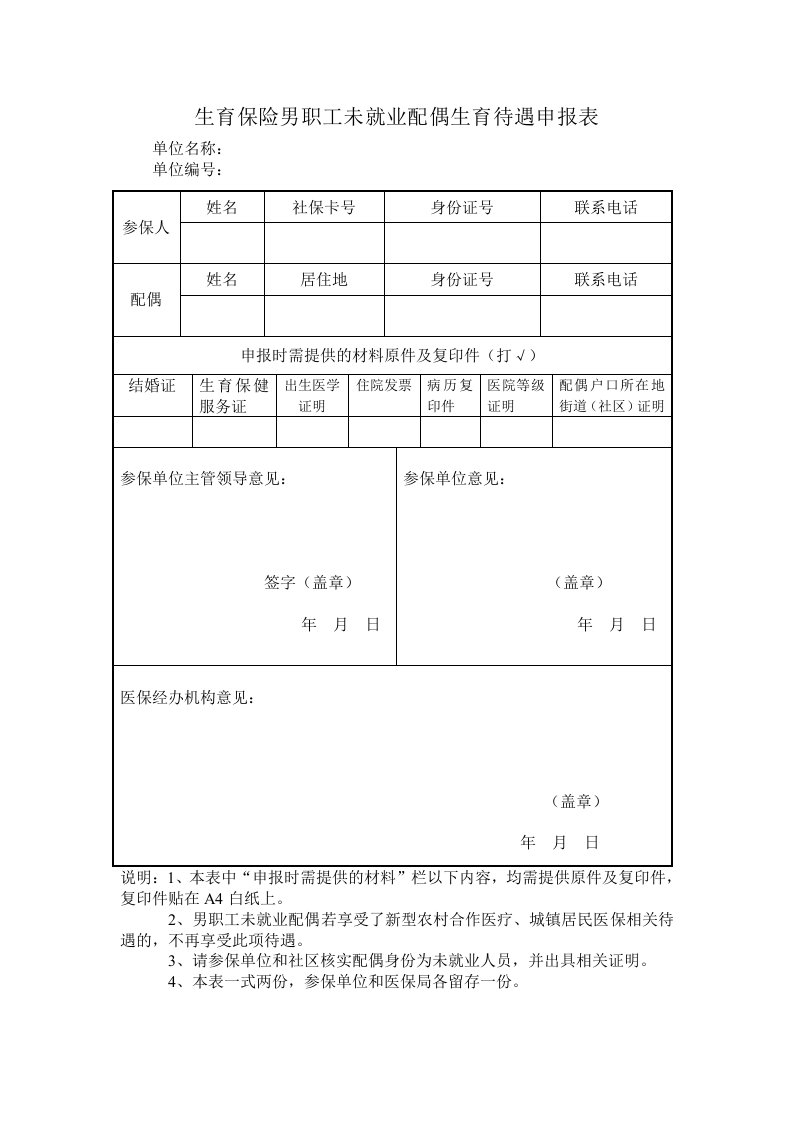 男职工配偶生育津贴申报表模板