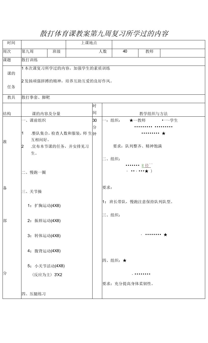 散打体育课教案第九周复习所学过的内容