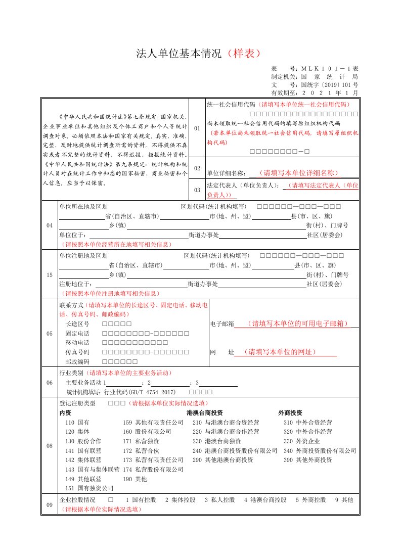 法人单位基本情况(样表)