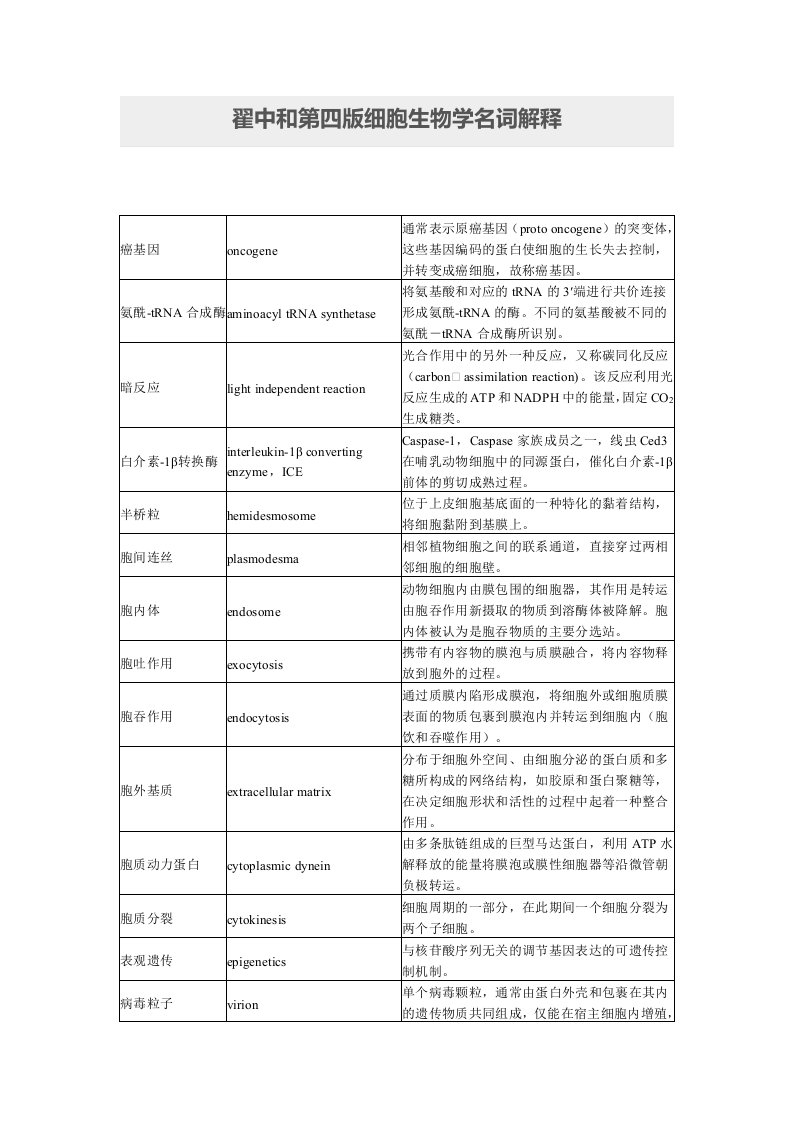 翟中和第四版细胞生物学名词解释