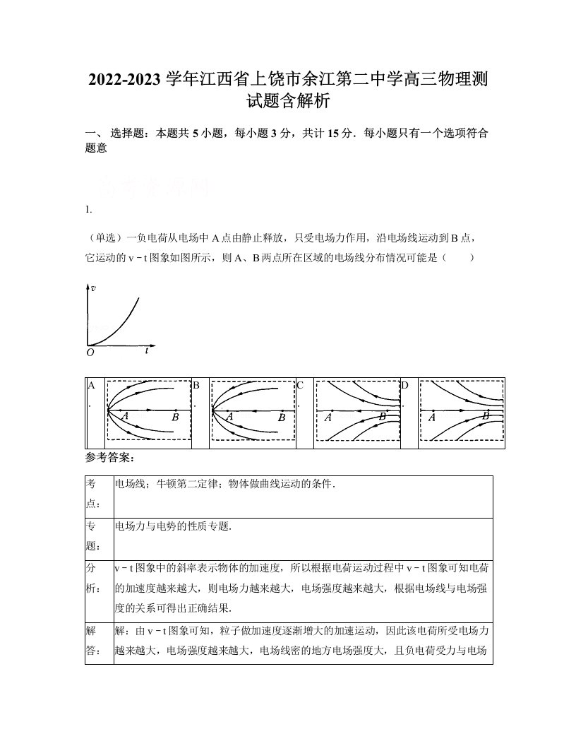 2022-2023学年江西省上饶市余江第二中学高三物理测试题含解析