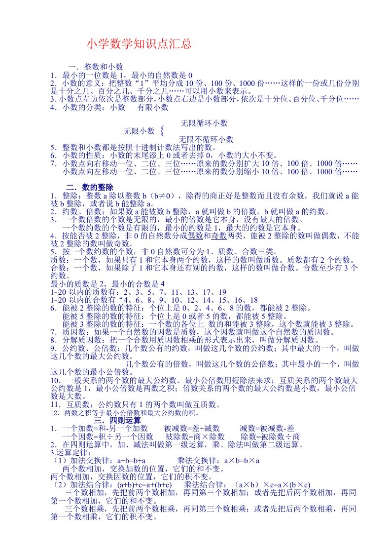 小学数学知识点汇总