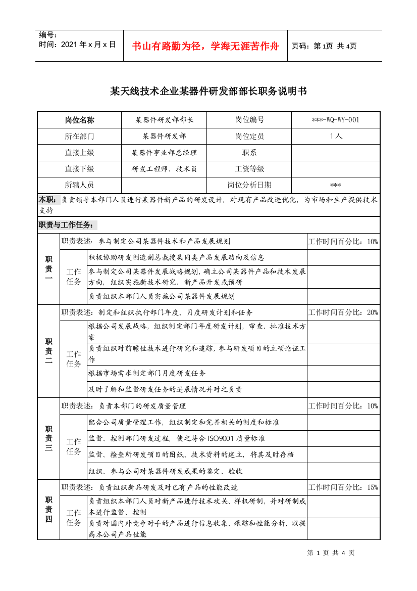 天线技术企业某器件研发部部长职务说明书