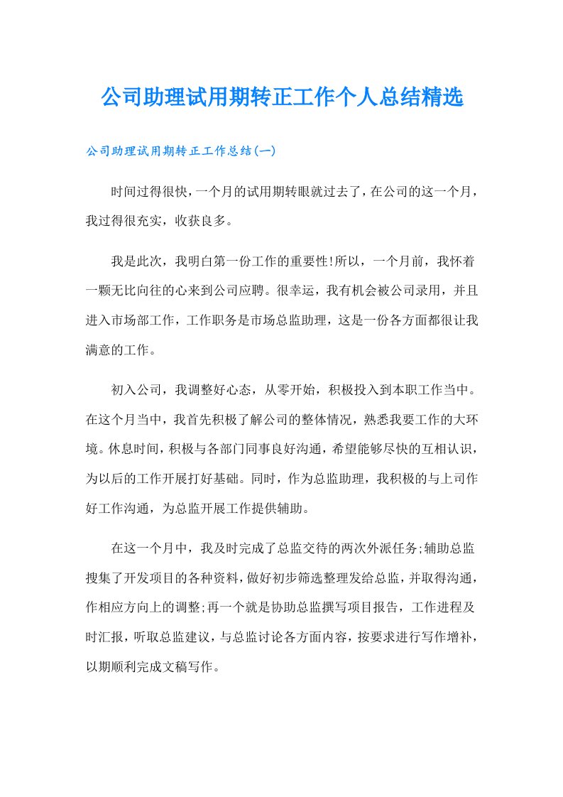 公司助理试用期转正工作个人总结精选