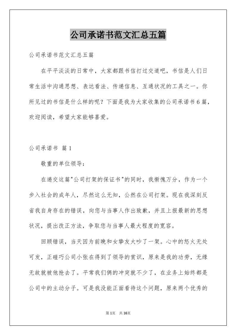 公司承诺书范文汇总五篇