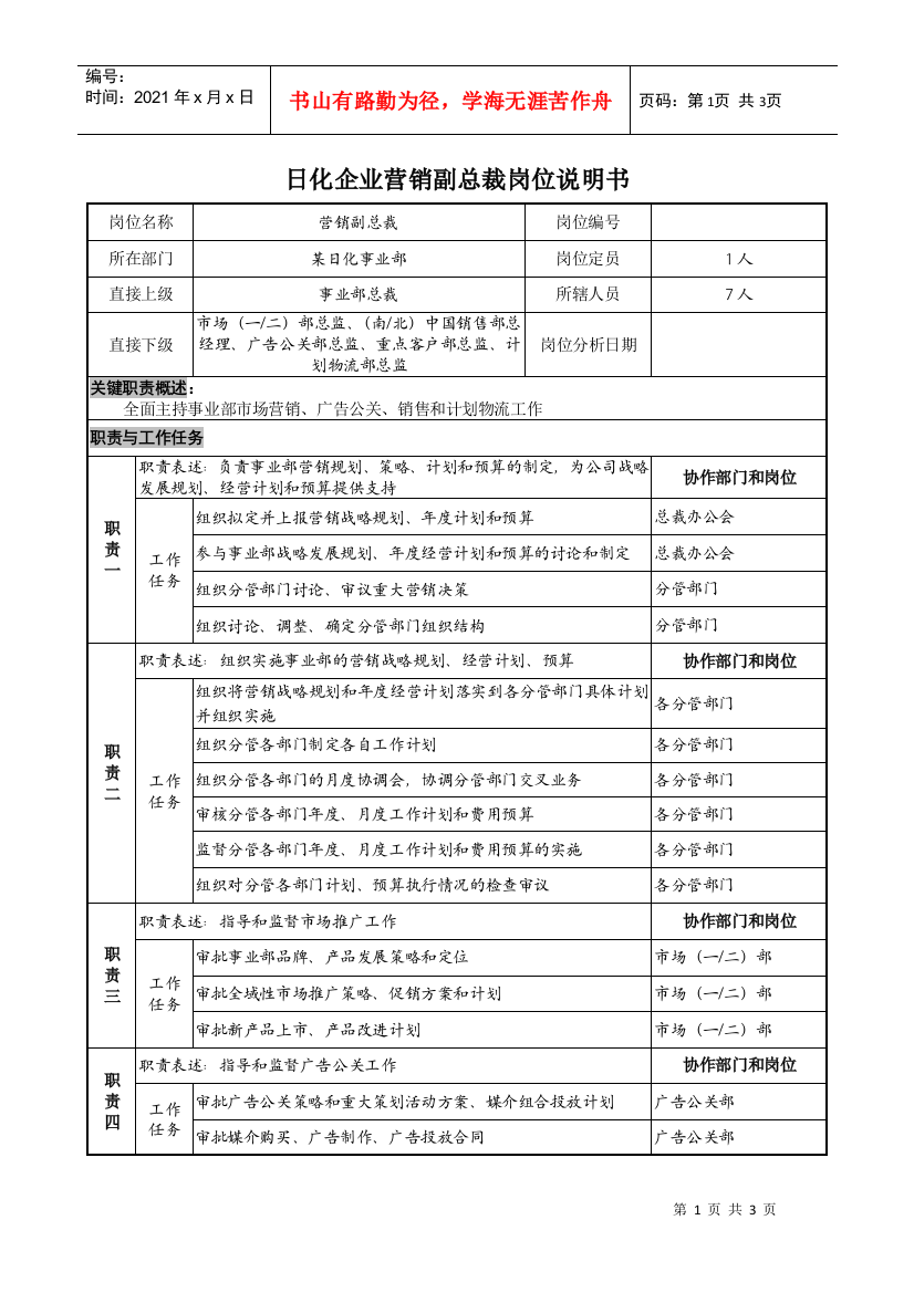 日化企业营销副总裁岗位说明书