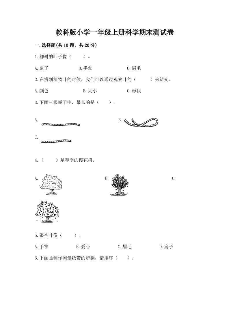 教科版小学一年级上册科学期末测试卷含答案（突破训练）