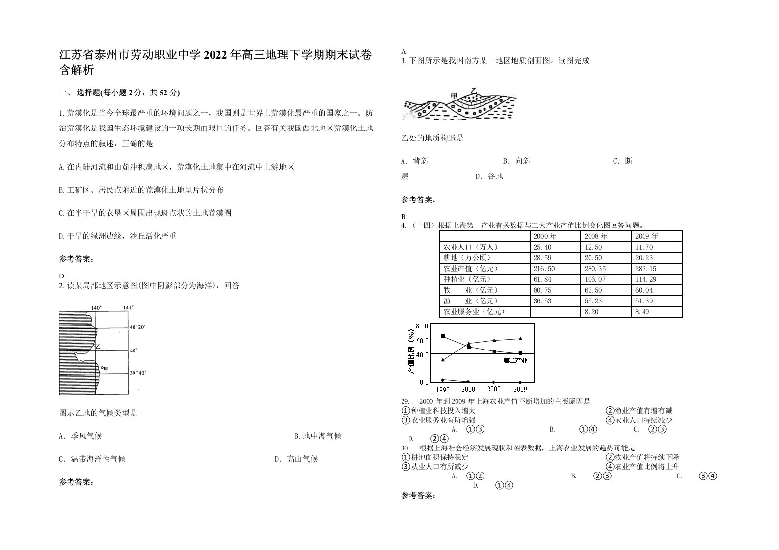 江苏省泰州市劳动职业中学2022年高三地理下学期期末试卷含解析