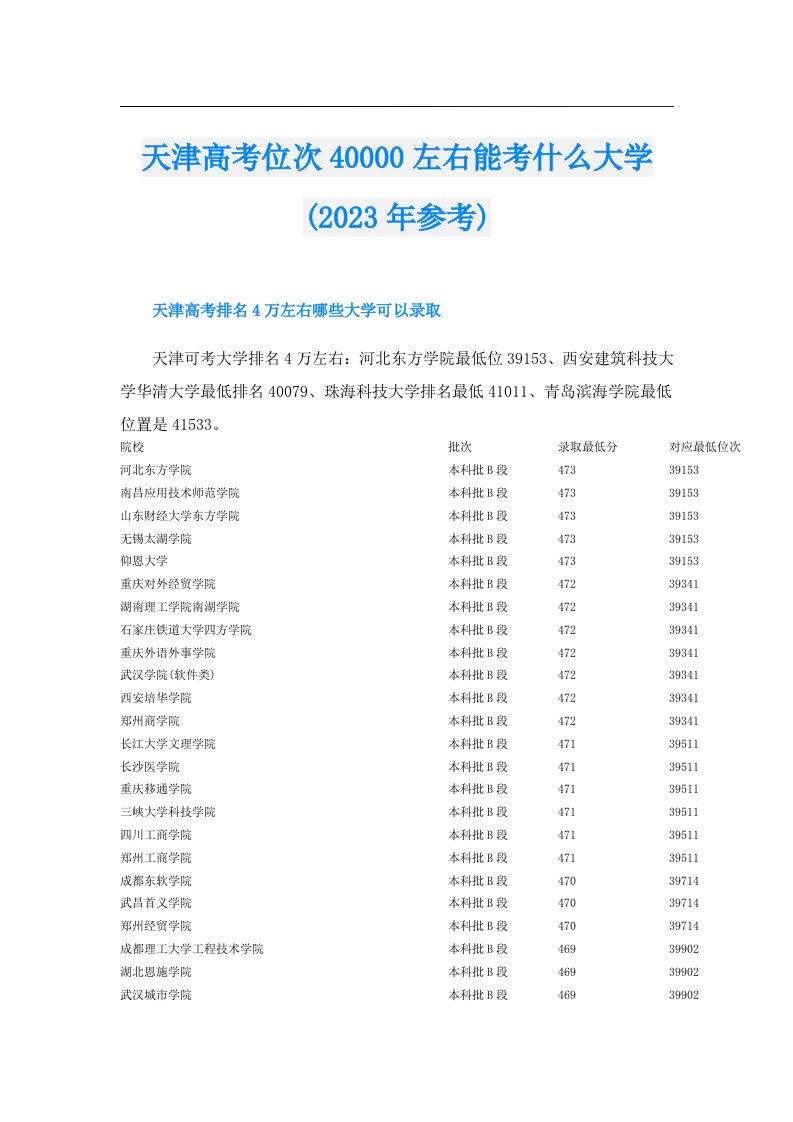 天津高考位次40000左右能考什么大学(参考)