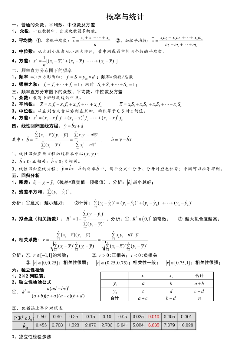 (完整word版)(最全)高中数学概率统计知识点总结