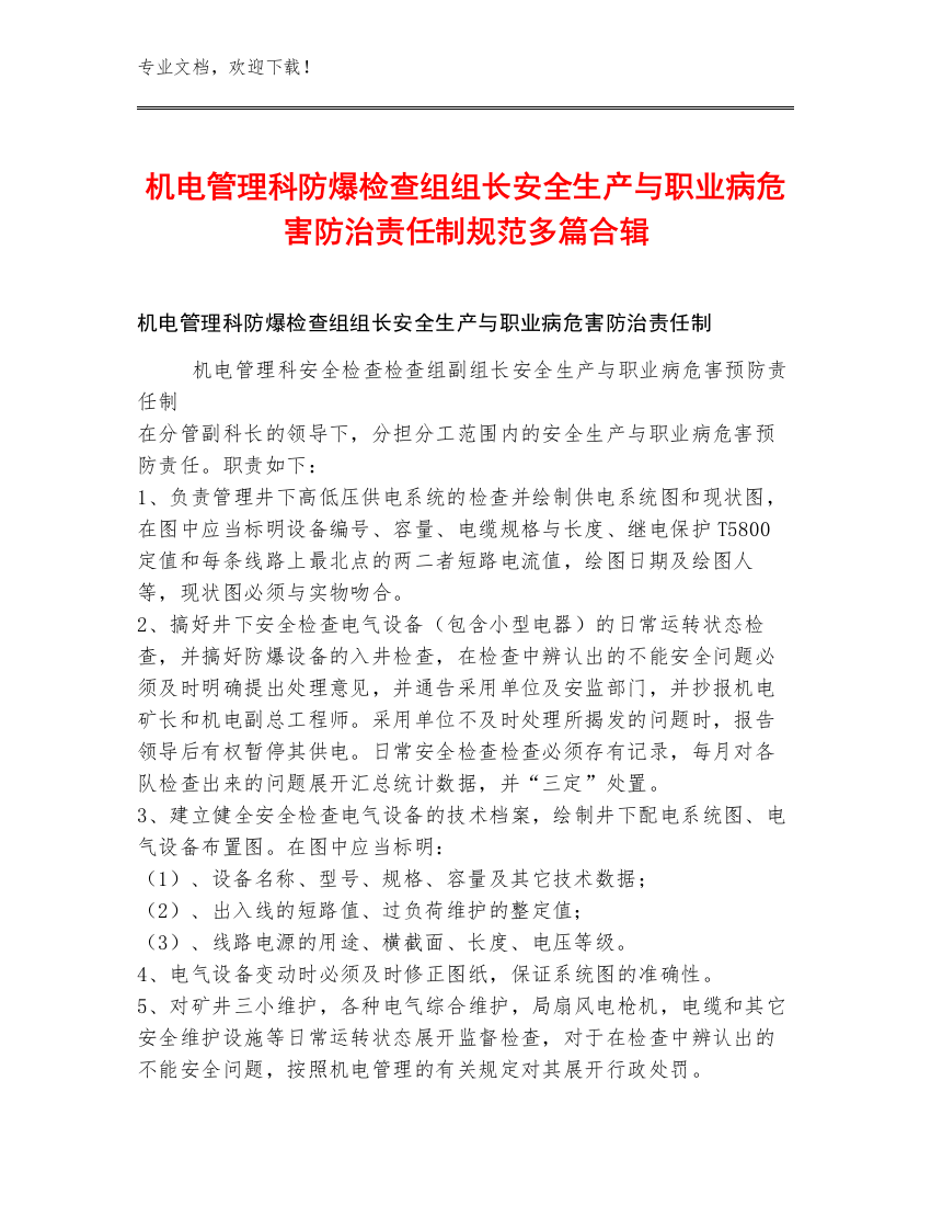 机电管理科防爆检查组组长安全生产与职业病危害防治责任制规范多篇合辑