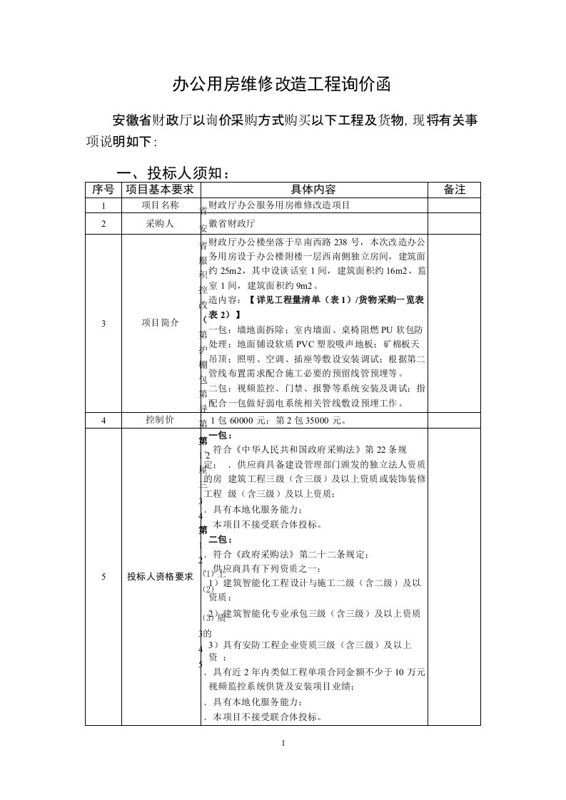 办公用房维修改造工程询价函