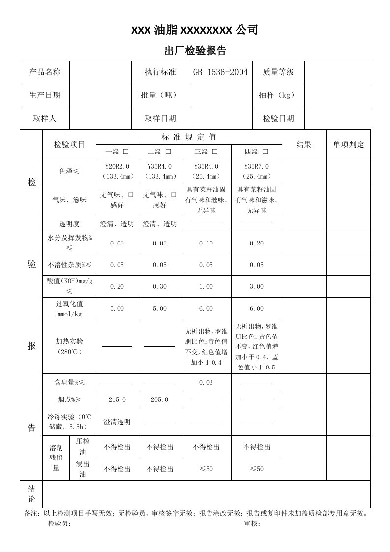 食用油企业产品出厂检验报告