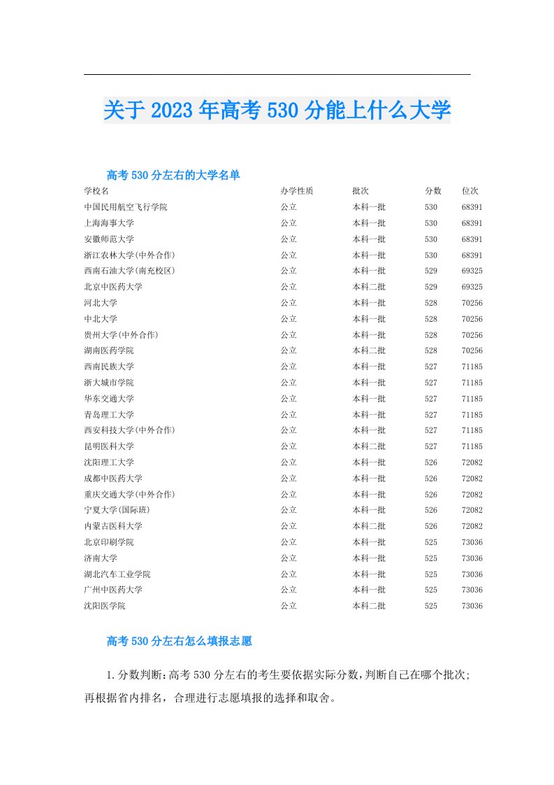 关于高考530分能上什么大学