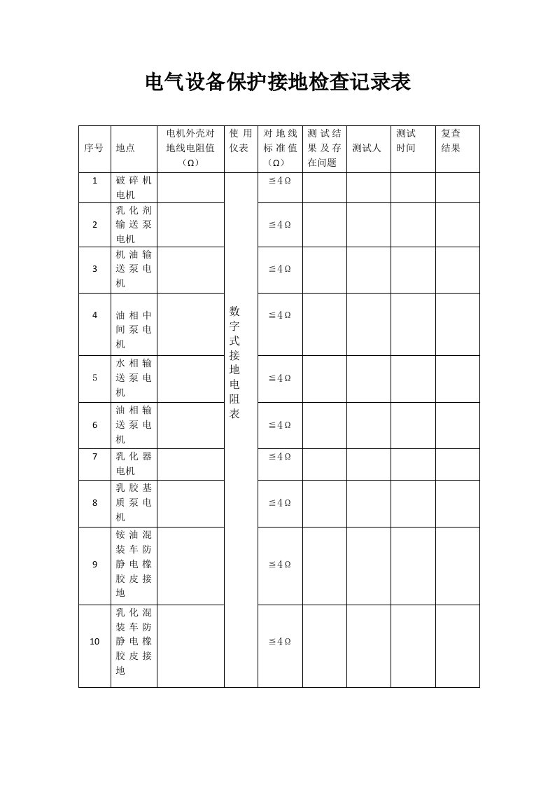 电气设备保护接地检查记录表