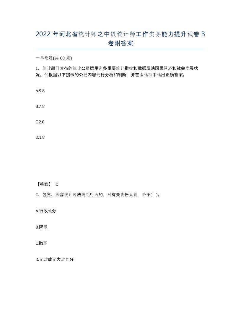 2022年河北省统计师之中级统计师工作实务能力提升试卷B卷附答案