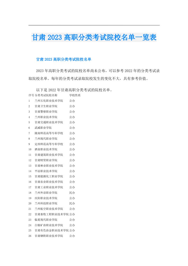 甘肃高职分类考试院校名单一览表