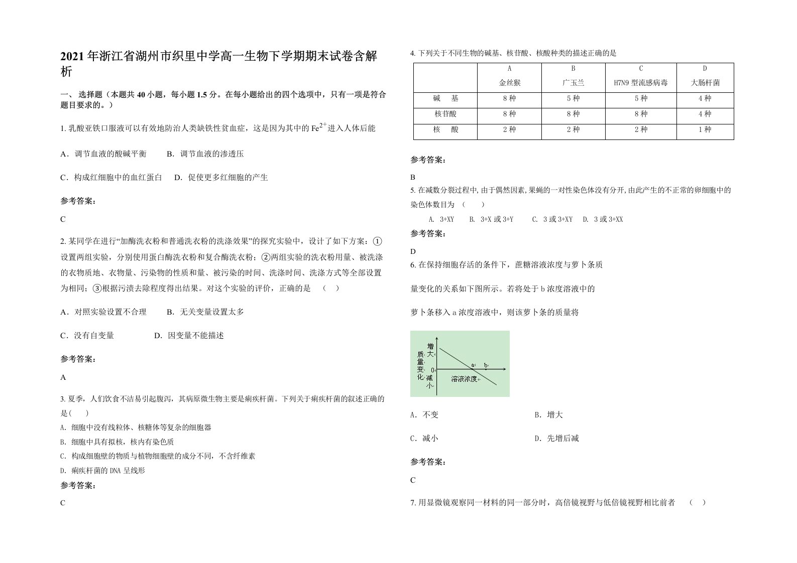 2021年浙江省湖州市织里中学高一生物下学期期末试卷含解析