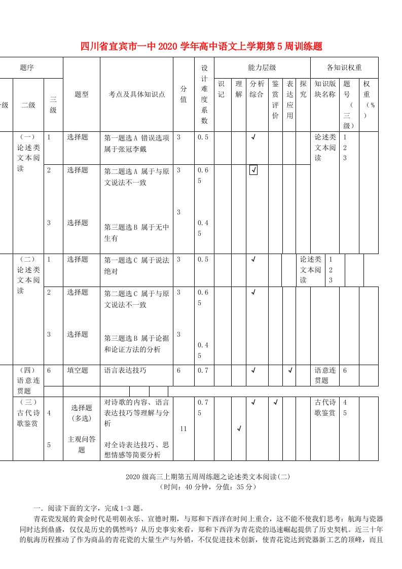 四川省宜宾市一中2020学年高中语文上学期第5周训练题无答案