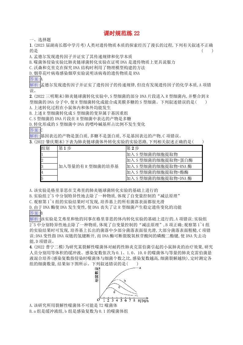 适用于新教材2024版高考生物一轮总复习课时规范练22DNA是主要的遗传物质新人教版