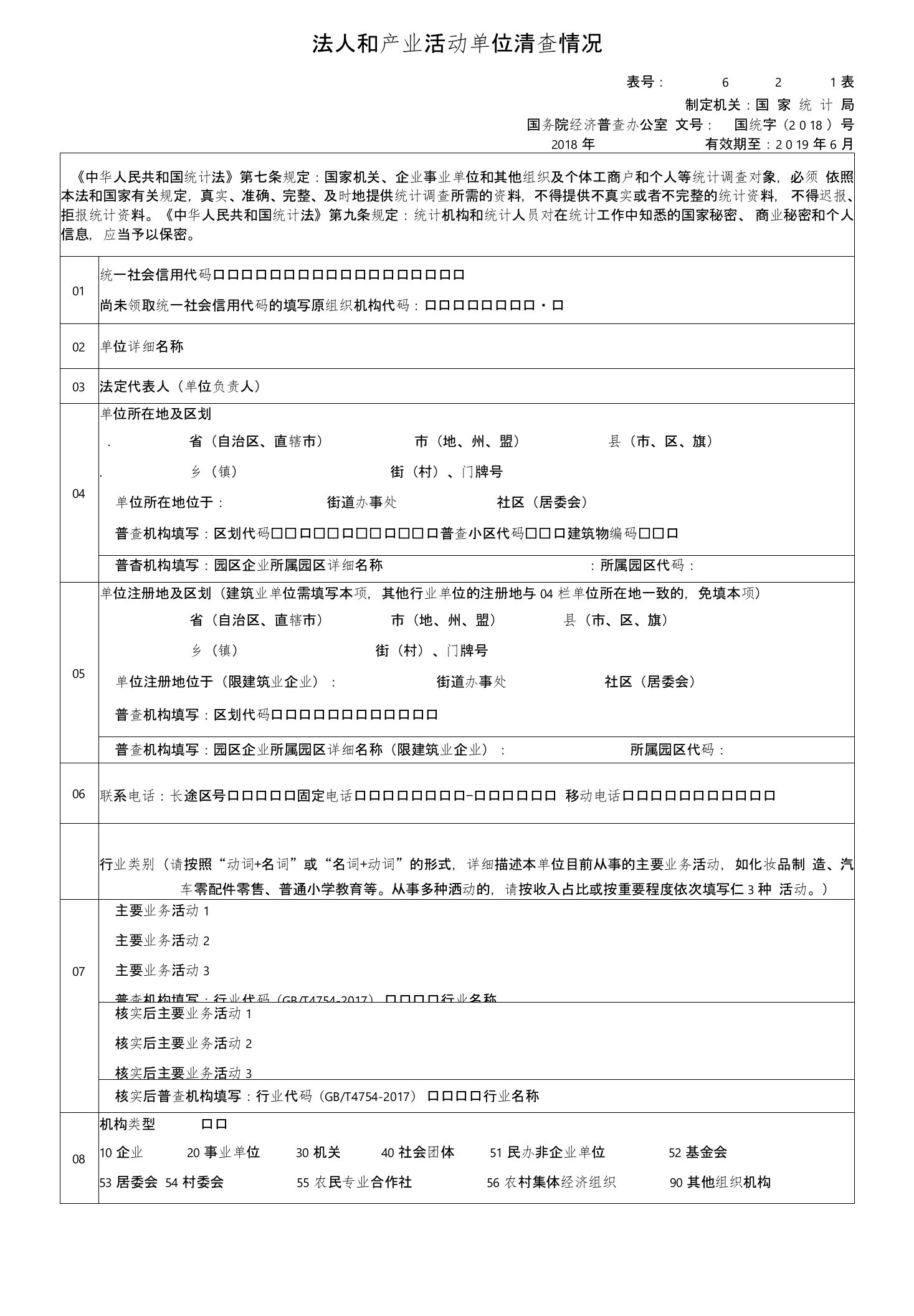 法人和产业活动单位清查情况(621表)