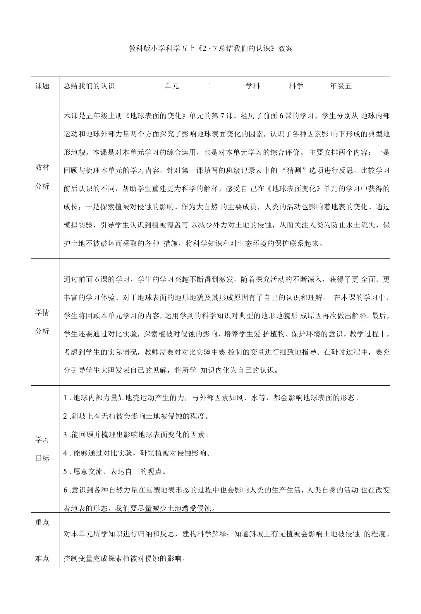 教科版小学科学五上《2.7总结我们的认识》教案