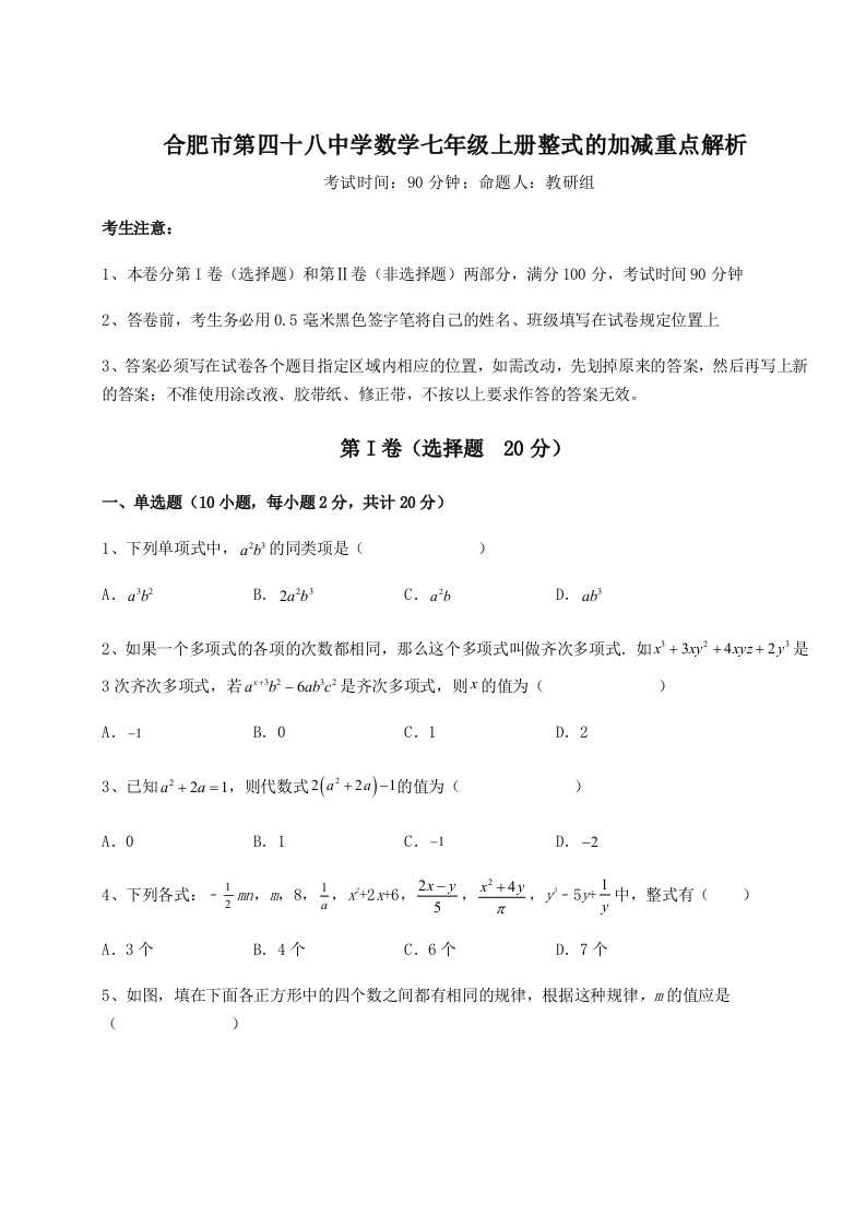 考点解析合肥市第四十八中学数学七年级上册整式的加减重点解析试题（含解析）