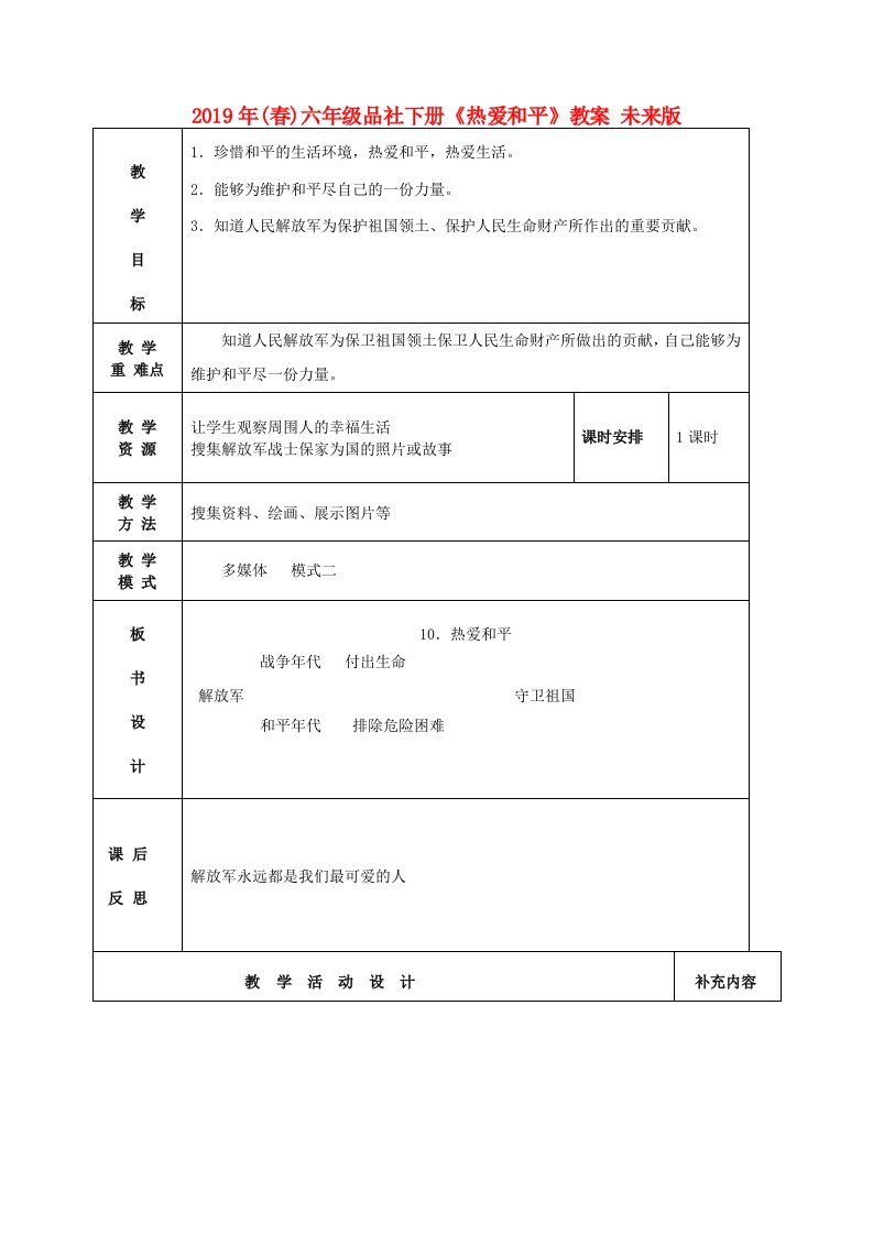 2019年(春)六年级品社下册《热爱和平》教案