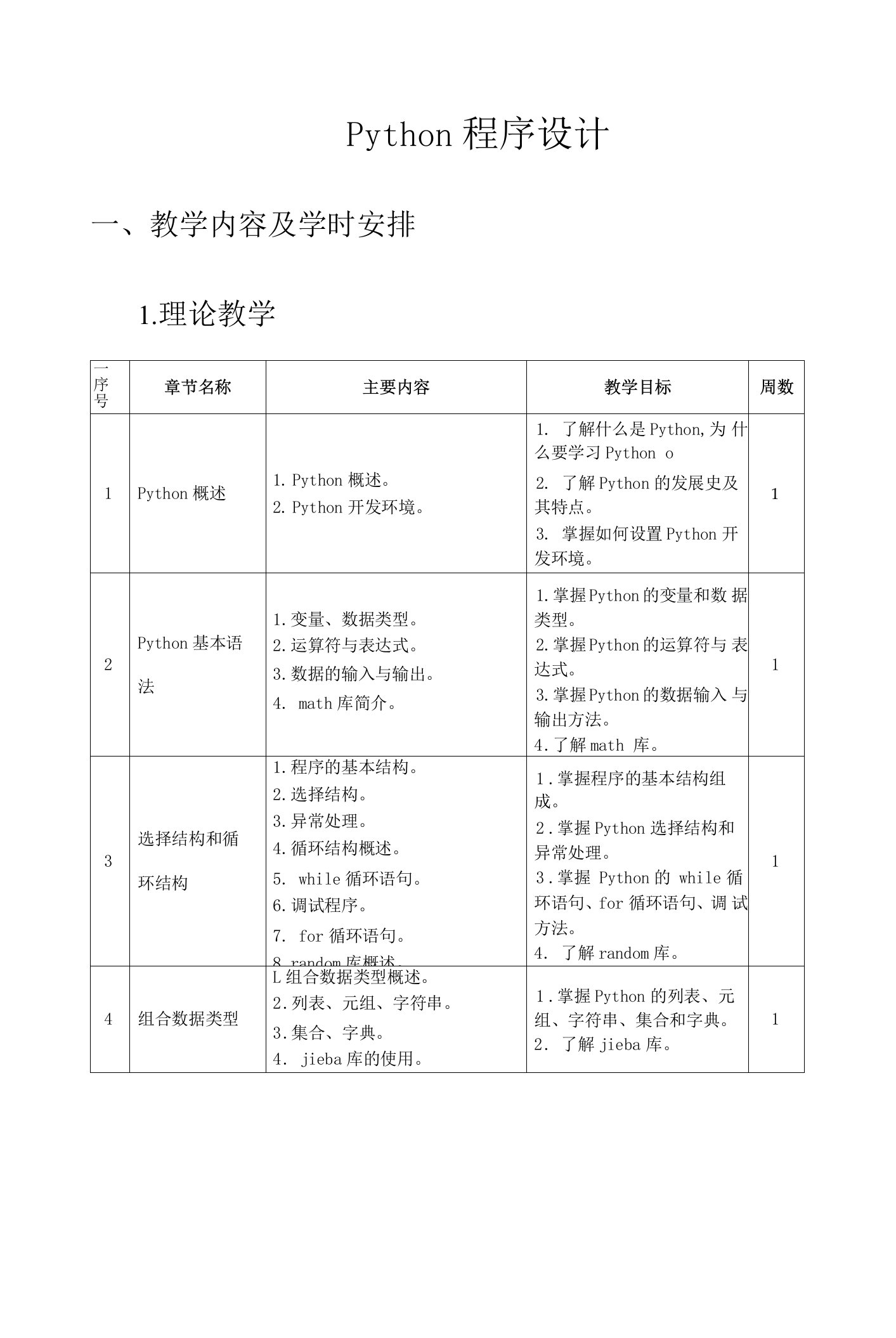 《Python程序设计》教学进度表