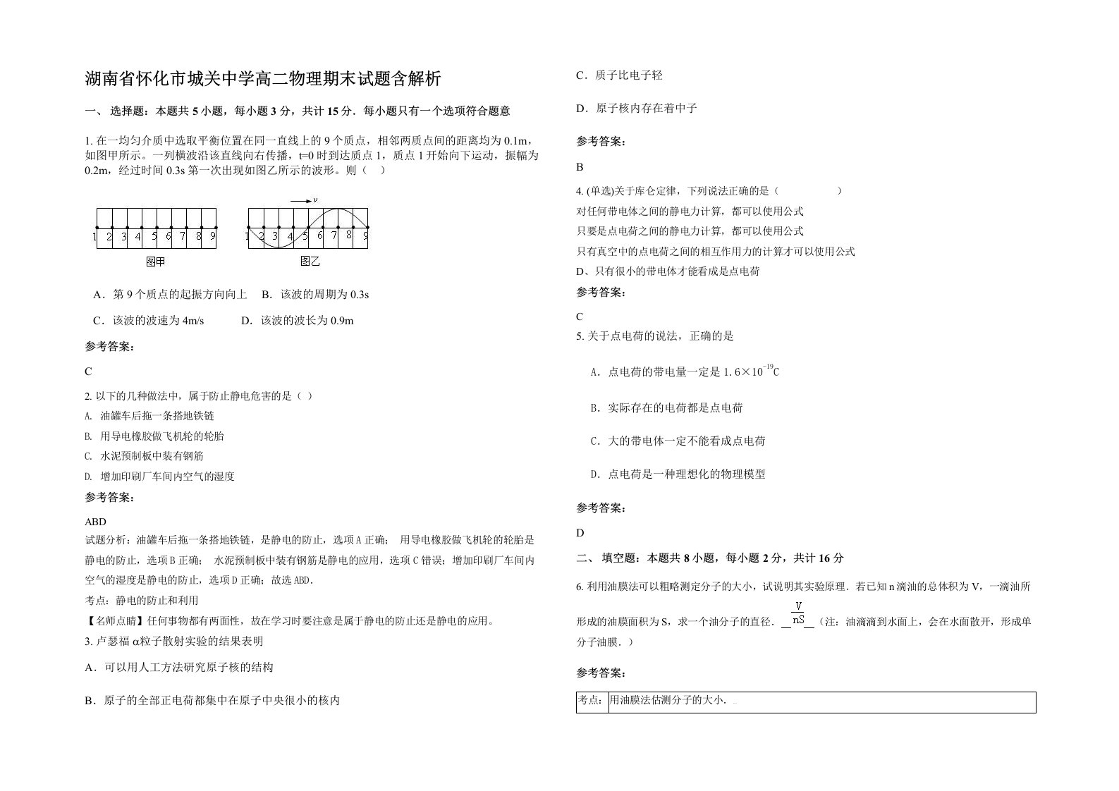 湖南省怀化市城关中学高二物理期末试题含解析