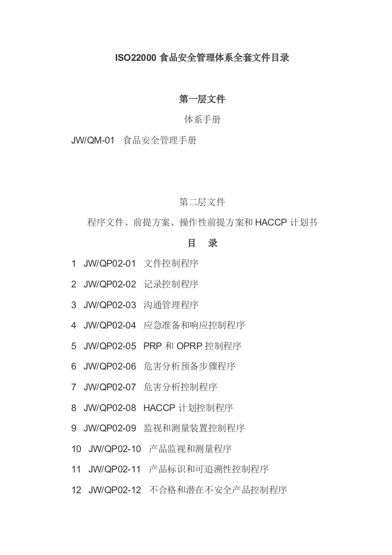 iso22000食品安全管理体系全套文件目录