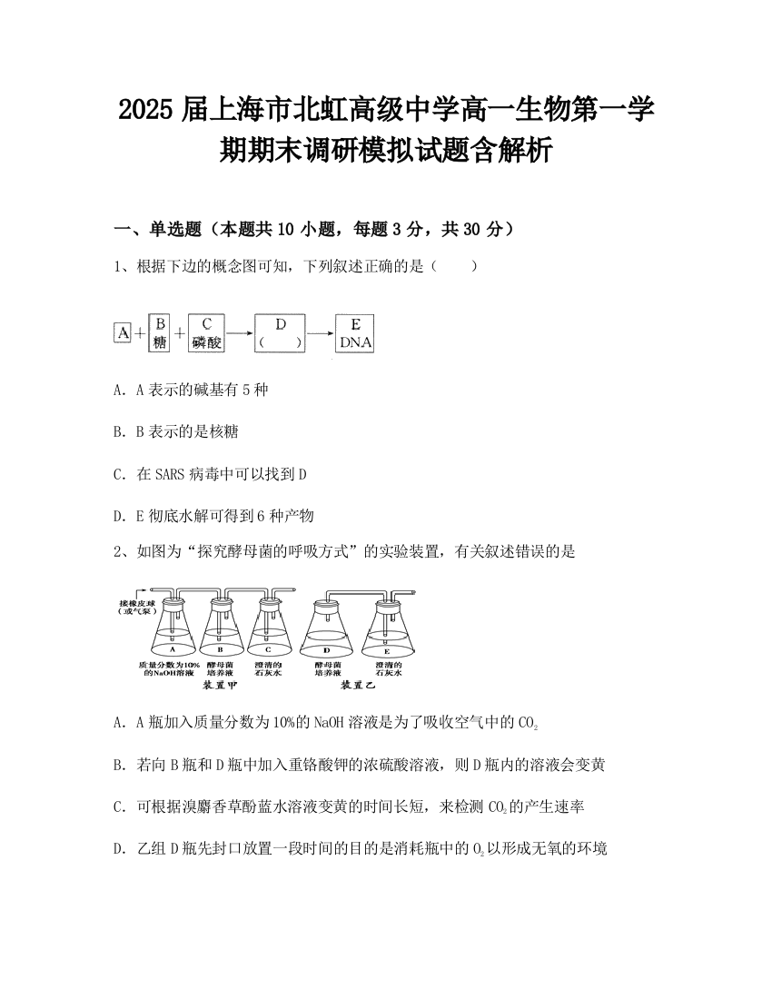 2025届上海市北虹高级中学高一生物第一学期期末调研模拟试题含解析