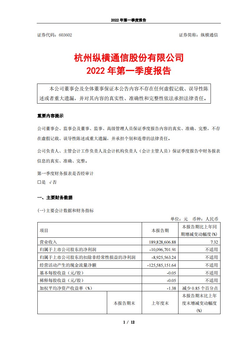 上交所-纵横通信2022年第一季度报告-20220428