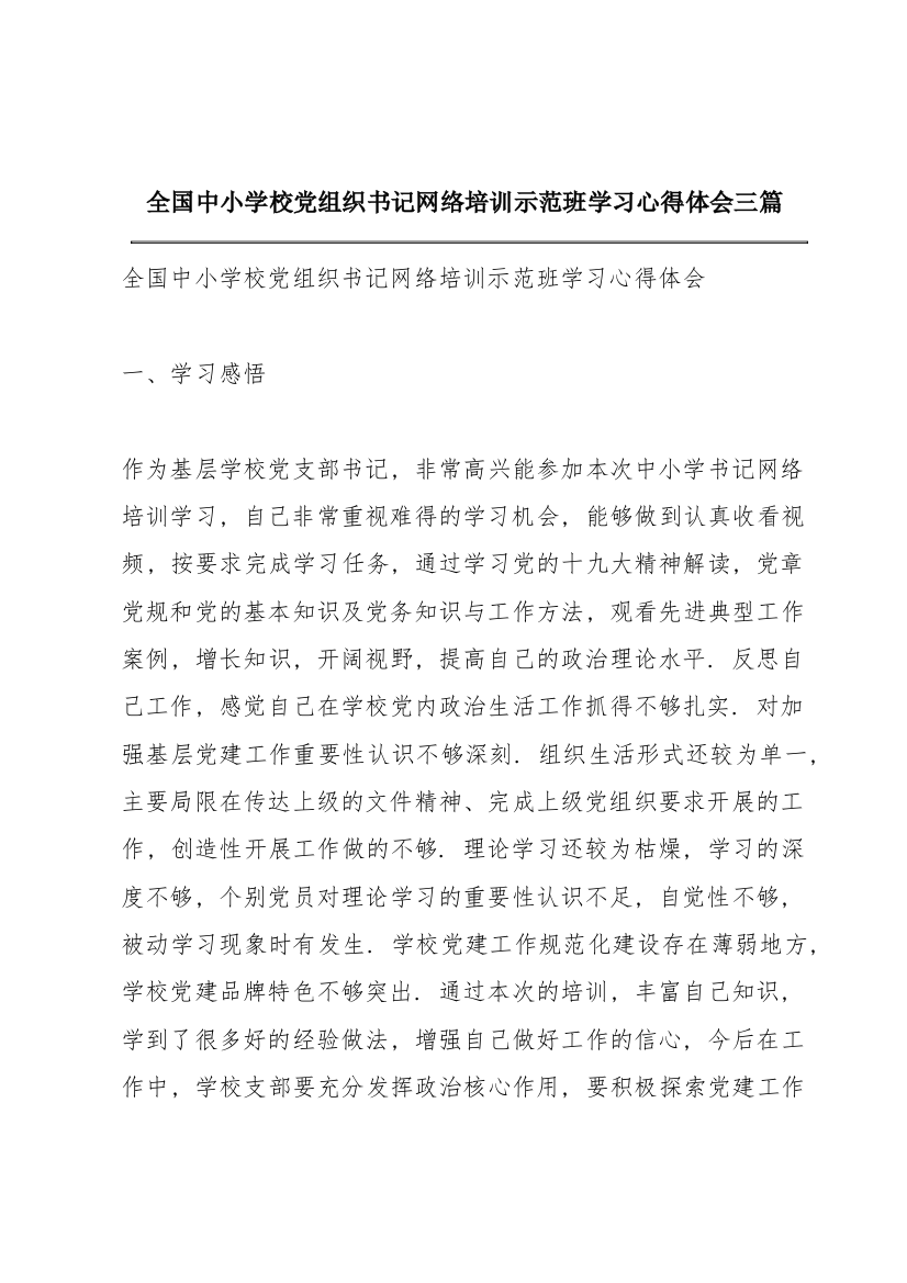 全国中小学校党组织书记网络培训示范班学习心得体会三篇