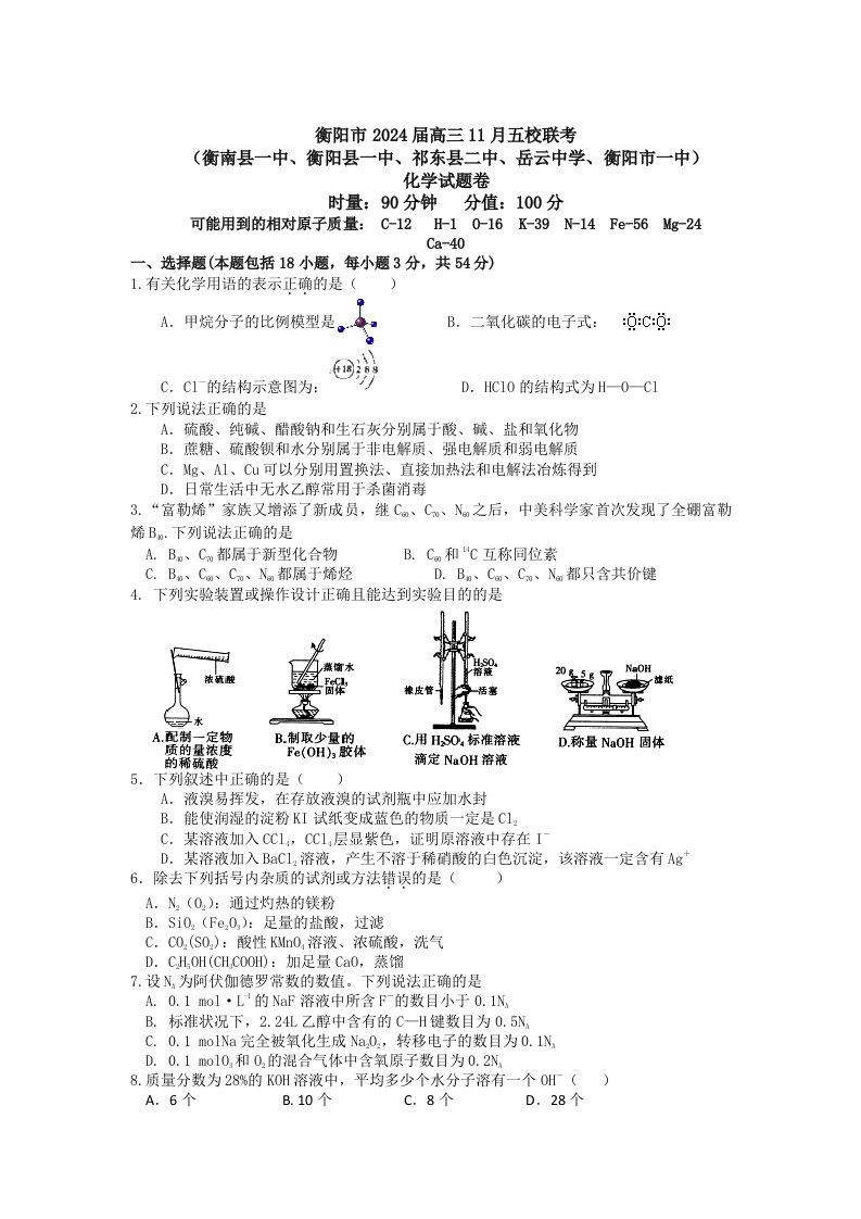 湖南省衡阳市2024届高三11月五校联考