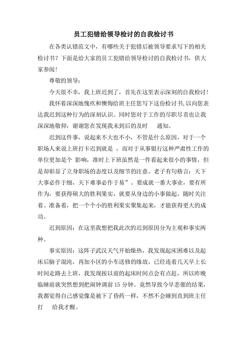 员工犯错给领导检讨的自我检讨书