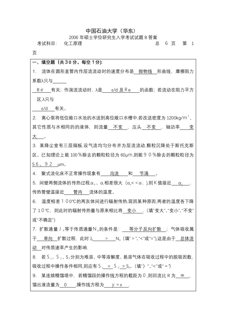 化工原理考研试题（中国石油大学）硕士研究生入学化工原理试题B及答案