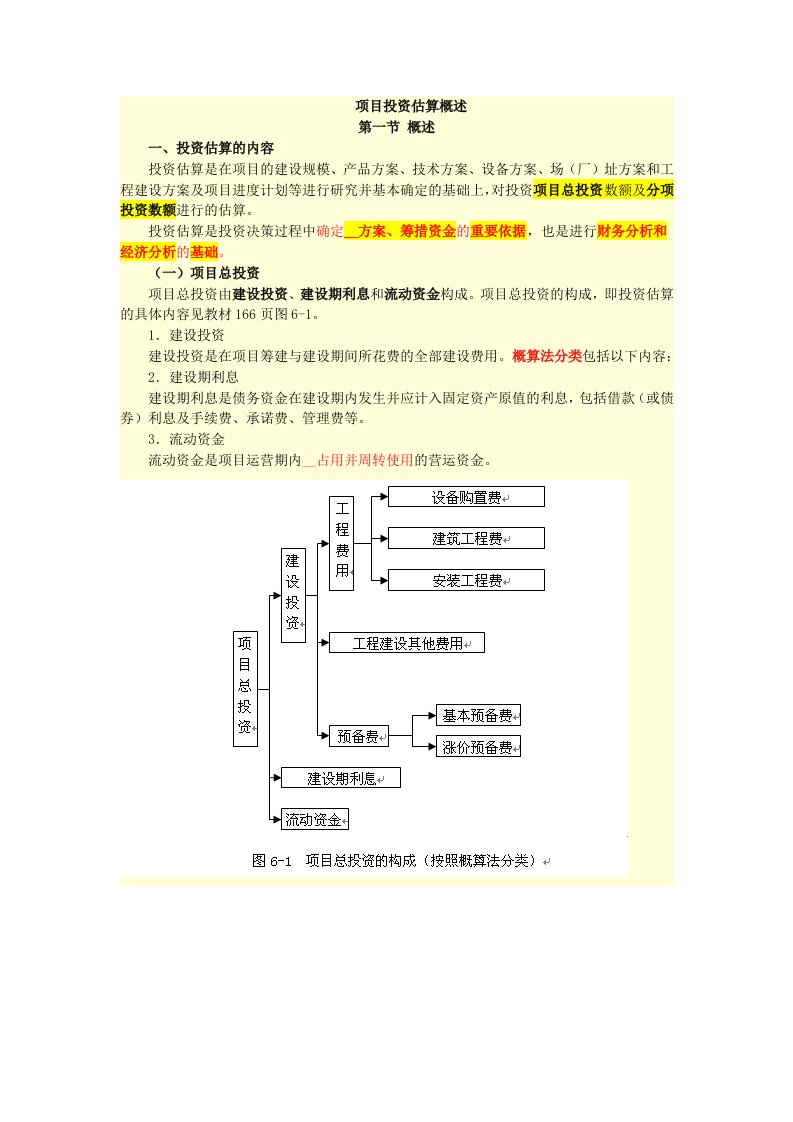 项目投资估算概述