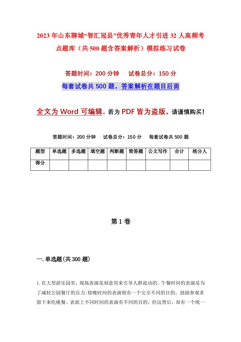 2023年山东聊城智汇冠县优秀青年人才引进32人高频考点题库共500题含答案解析模拟练习试卷