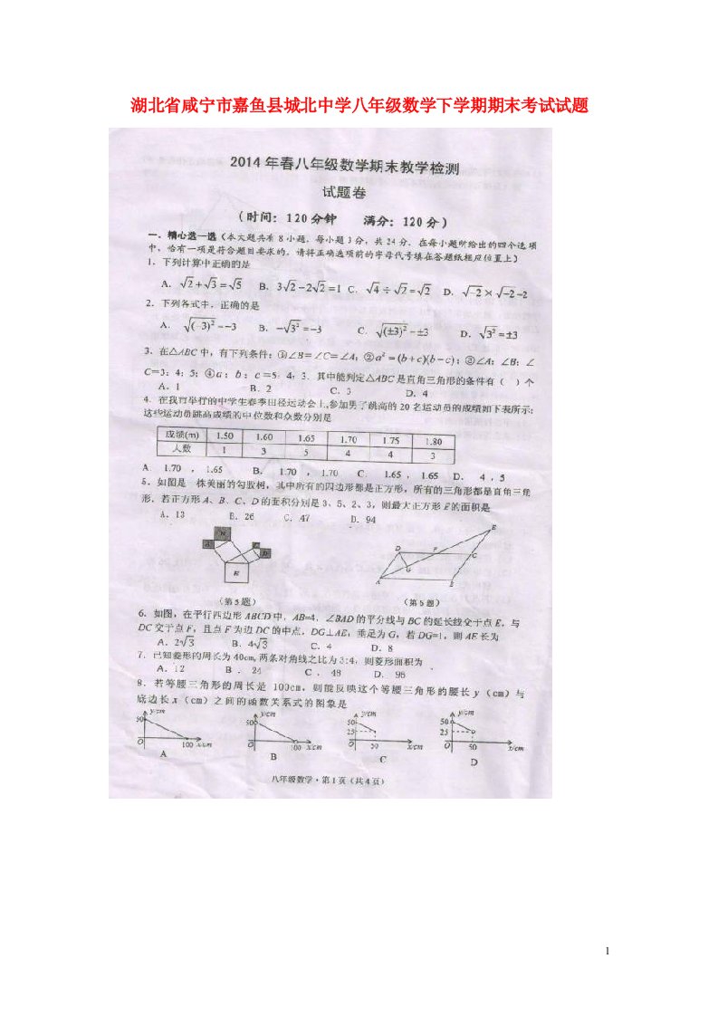 湖北省咸宁市嘉鱼县城北中学八级数学下学期期末考试试题（扫描版，无答案）